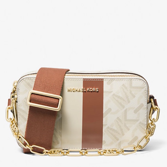 New Michael Kors Small Empire Signature Logo Stripe Double-Zip Camera Bag